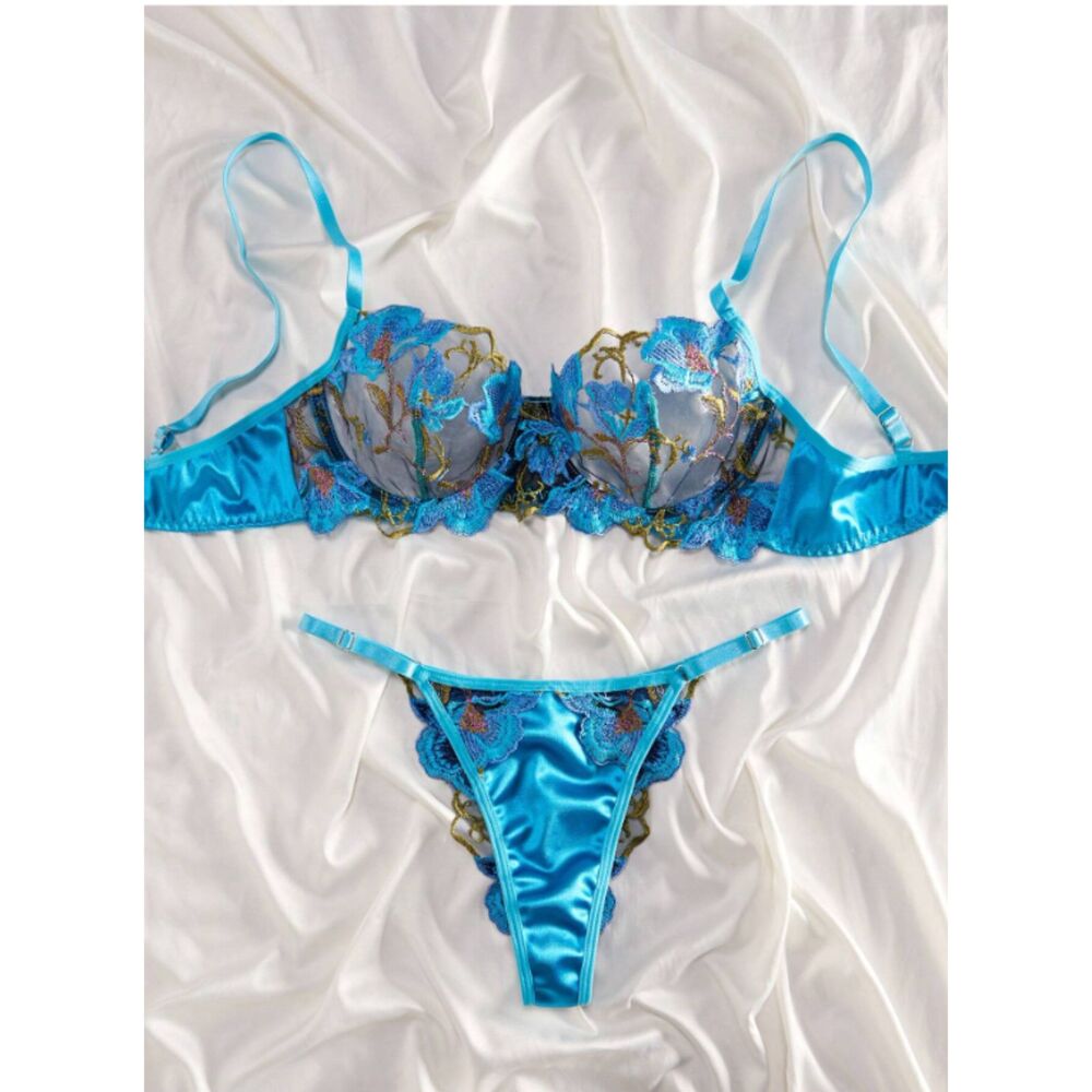 Large Ocean Blue Lace Floral Embroidery Underwire Push-up Bra Lingerie Set
